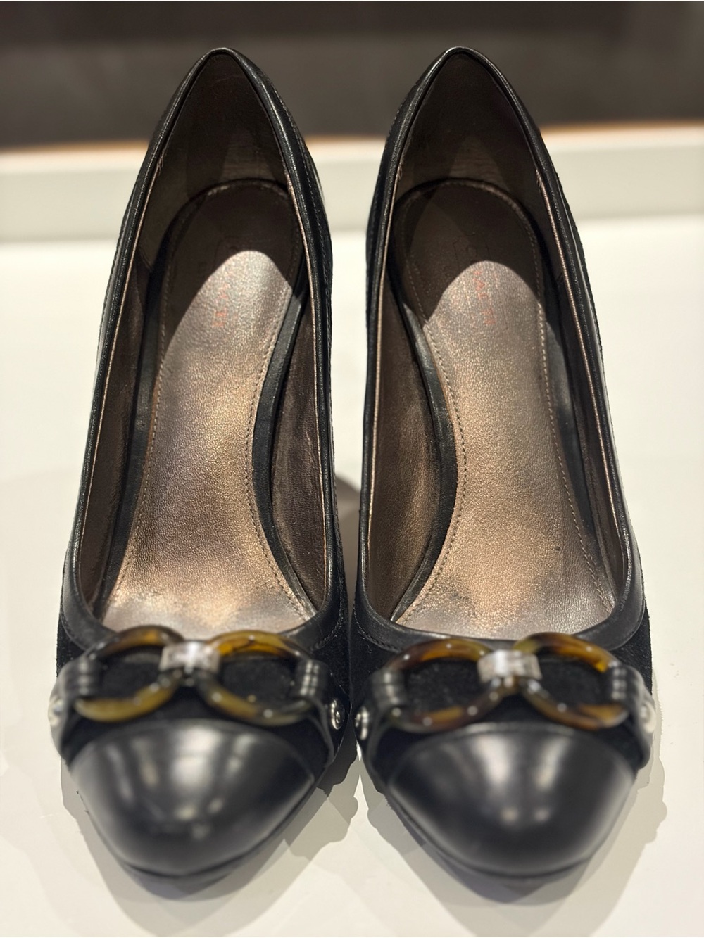 Coach Black Leather Pointed Toe Pumps with Chain Accent